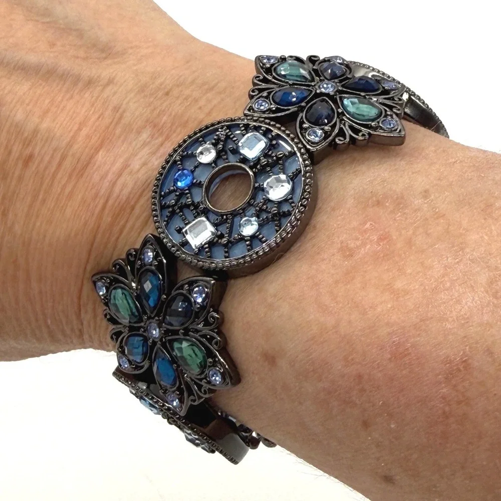 Blue Rhinestone Stretch Bracelet Black Tone Statement Floral Disc Link Boho Glam